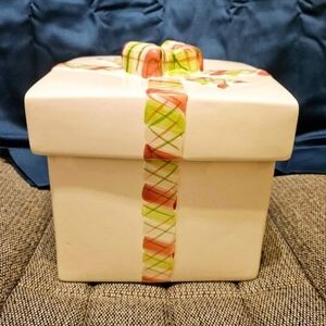 Holiday Cookie Jar Storage Container Gift Bow Handle PAI